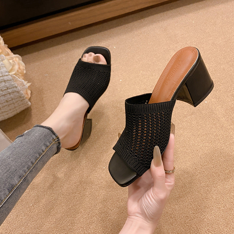 Sandal - Block Heel Knit Open Toe