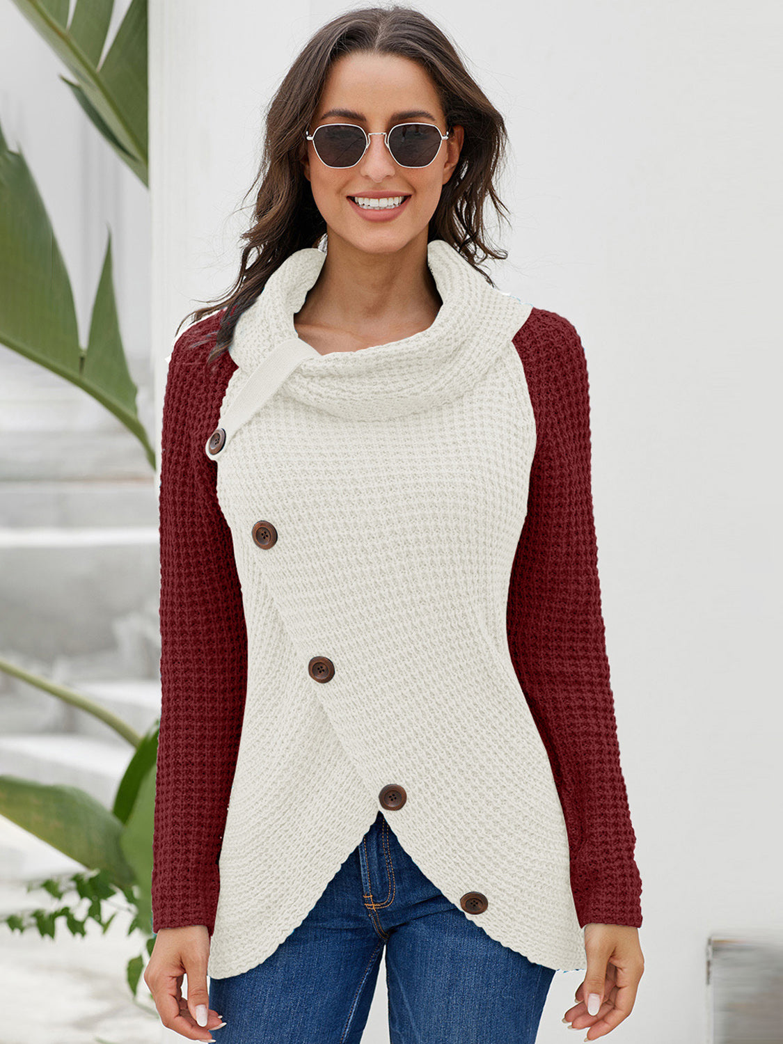 Asymmetrical Contrast Turtleneck Sweater